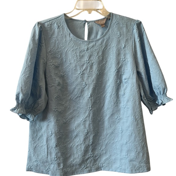 Ted Baker Sky Blue Jacquard Puff Sleeve Blouse |Minimalist Quiet Luxury - Picture 3 of 5